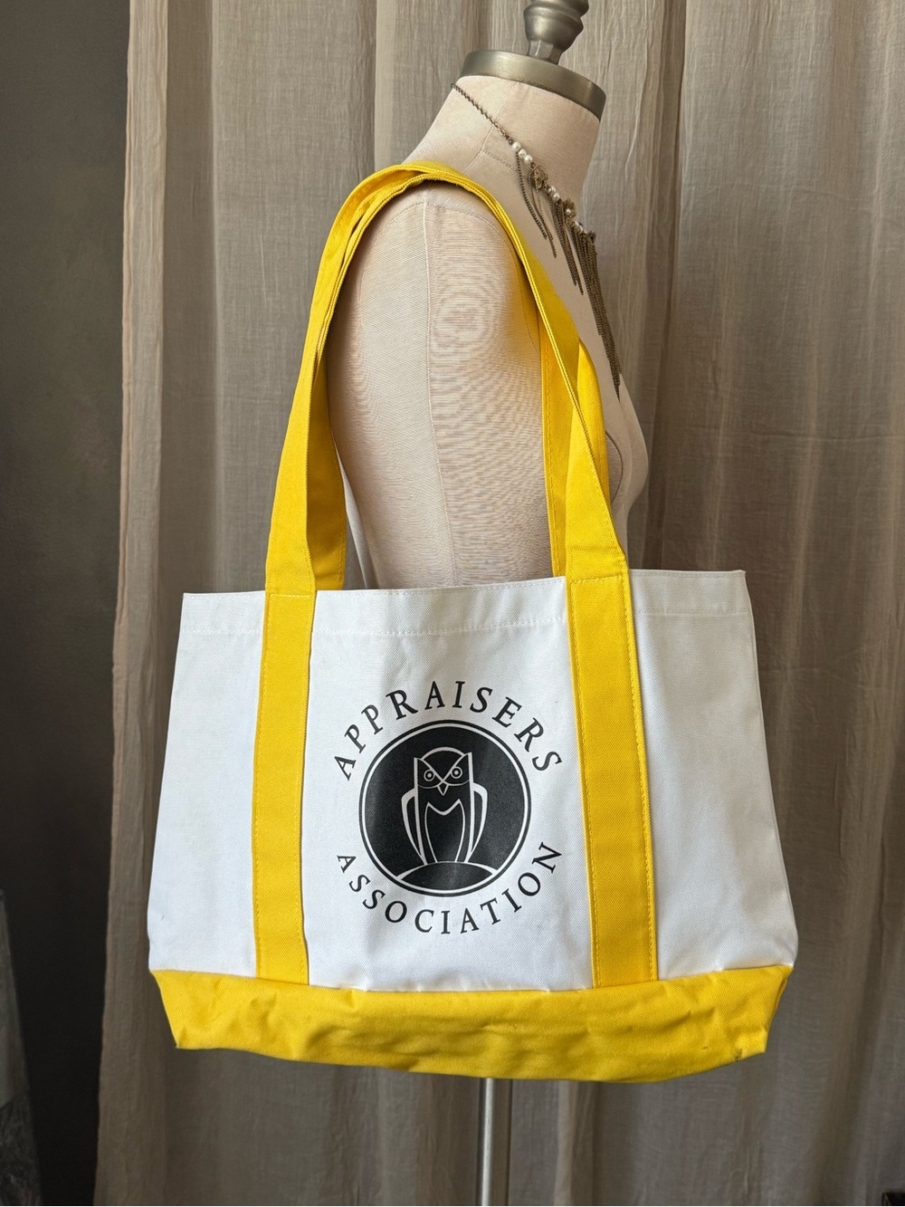 Yellow & White Tote Bag Appraisers association logo grocery trader joes ll bean